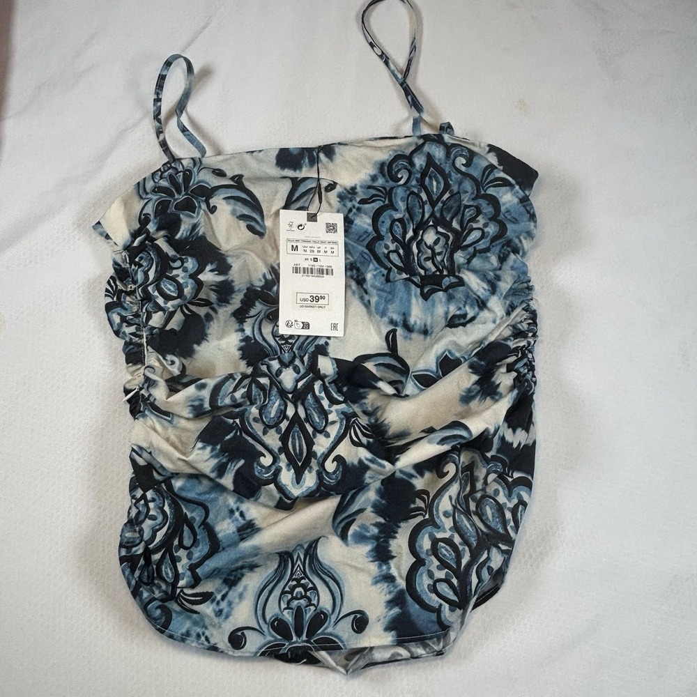 Zara Women M Ruched Sides Cami Top Blue & White Paisley Square Neck Side Zip New - Picture 4 of 10